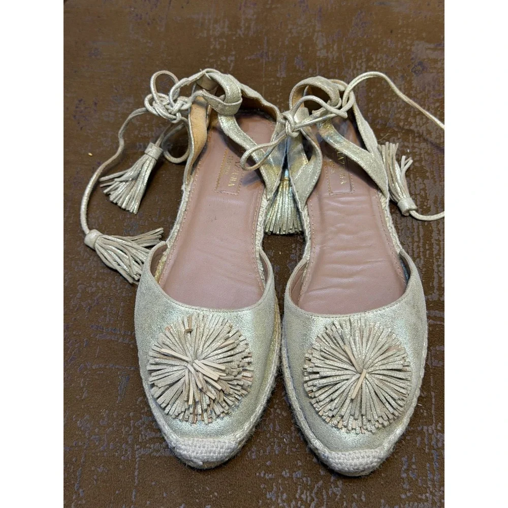 Aquazzura Gold Metallic Pom Pom Tassel Lace Up Espadrille Flats EU 38.5 Spain